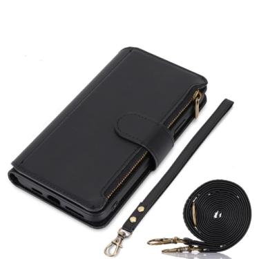 Imagem de HJZSZX Para Samsung A25 Cordão Couro Zíper Carteira Cartão Capa de Telefone (Para Samsung A25/preto)