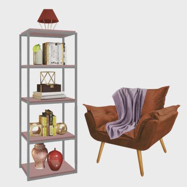 Imagem de Kit Poltrona Fatte com Manta Soft Lilás e Estante Livreiro Ferro Cinza mdf Rose Suede Terracota - Ahazzo Móveis
