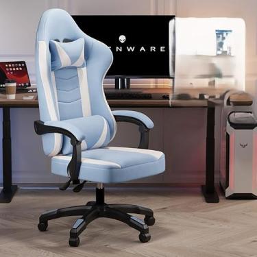 Imagem de Cadeira de jogos com apoio para os pés, cadeira de escritório ergonômica estilo corrida (azul)