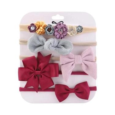 Imagem de Conjunto com 5 Tiaras de Malha para Bebê - Laços Elásticos e Flores De