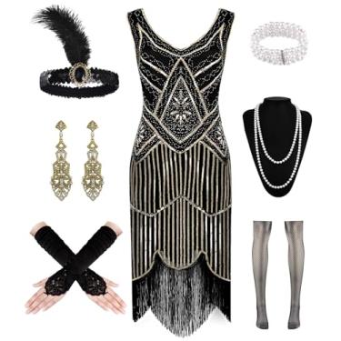 Imagem de WILDPARTY Vestido melindrosa anos 1920 com decote em V, lantejoulas, contas, franjas, Gatsby, vestido de coquetel com acessórios dos anos 20 (preto-dourado) feminino 20s