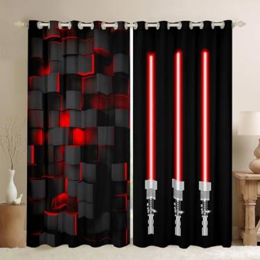 Imagem de Feelyou Cortinas vermelhas e pretas para quarto e sala de estar (2 painéis, 42 x 63 polegadas) Sabre de luz infantil 30%-50% cortinas blackout para efeitos ombré, cortinas escurecidas, geométricas,