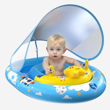 Imagem de Boia de piscina para bebês com proteção solar FPS 50+, boia de natação para bebês com console de brinquedo, boia de piscina infantil com assento de segurança ajustável para crianças de 6 a 36 meses