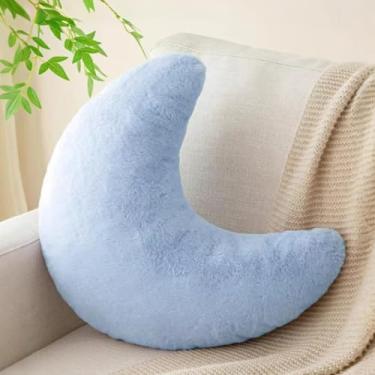 Imagem de Almofada de lua de 15,7 polegadas, almofadas decorativas com coelho falso macio para cama de sofá, almofadas em forma de lua, almofadas de pelúcia para decoração de quarto, sala de estar (azul celeste