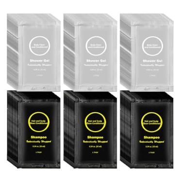 Imagem de RSQAZQ Xampu e sabonete líquido para viagem a granel, mini gel de banho de hotel embrulhado individualmente e artigos de higiene pessoal de limpeza para hóspedes de hotel/férias/sem-teto 10 ml (pacote