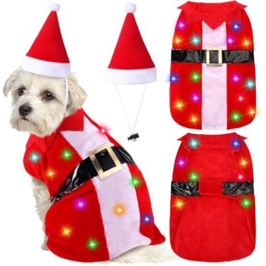 Imagem de Cosblank Fantasias de Natal para cães com luzes coloridas e chapéu de Natal, fantasia de Papai Noel, fantasia de cachorro, gato, roupa de Natal para filhotes, festas de fim de ano, pilhas não