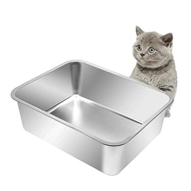 Imagem de Kichwit Caixa de areia para gatos de aço inoxidável, bandeja de areia de metal para gatos, bandeja de caixa de areia para gatinhos, superfície lisa antiaderente (44,5 cm C x 34,3 cm L x 15,2 cm A)