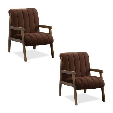 Imagem de Poltrona Decorativa Sala Base de Madeira kit 2 Daline Bouclê Marrom E03 - D`Rossi