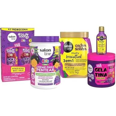 Imagem de Kit Uva Kids com Shampoo 300ml, Condicionador 200ml, Gelatina 550g, Creme para Pentear e Creme Multy 1Kg e Óleo 50ml