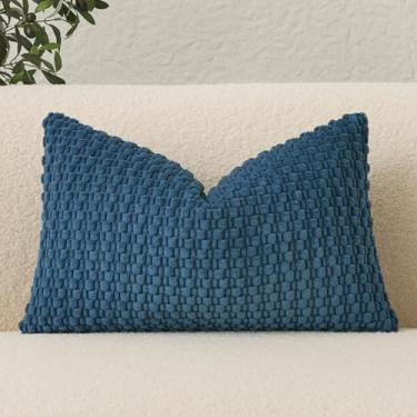 Imagem de UGASA Capa de almofada lombar de veludo 30 x 50 cm, listrada, de veludo cotelê, macia, lisa, retangular, para sofá/quarto/carro, 1 peça, azul