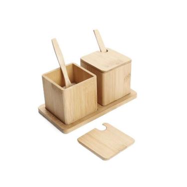 Imagem de Saleiro Açucareiro Bambu Porta Condimentos Bandeja e Colher