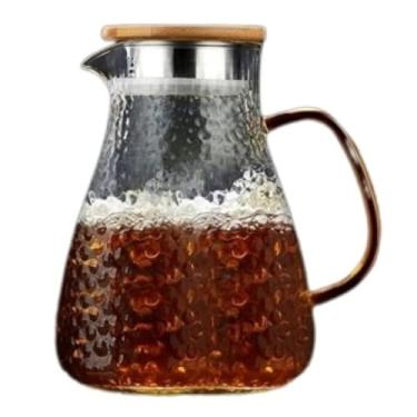 Imagem de Jarra de Vidro Borossilicato com Tampa de Bambu, 1800ml, Alça Dourada, Design Texturizado para Água e Sucos