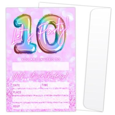 Imagem de Let's Party Cartões de convite de festa de 10 anos para meninos meninas crianças rosa e balões com glitter convites 20 convites de preenchimento com envelopes decoração de lembrancinhas de aniversário