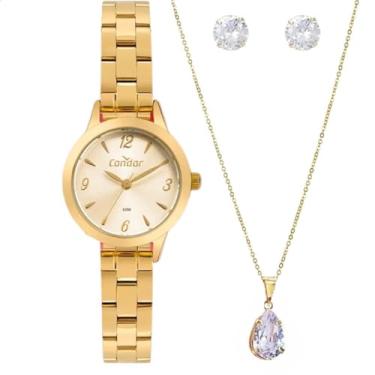 Imagem de Relogio De Pulso Feminino Pequeno Condor Dourado Co2035Mzq/K4X Colar E Brincos