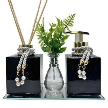 Imagem de Conjunto de banheiro em vidro cúbico 250 ml Saboneteira e difusor + Vaso com folhas verdes + Bandeja espelhada