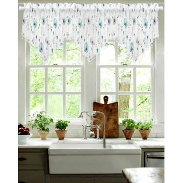 Imagem de Picpeak Cortinas de saia transparente com contas para sala de estar 132 x 61 cm, 3 painéis, folhas de papoula ciano, vintage, bolso para varão, cascata, para janelas, cozinha, quarto