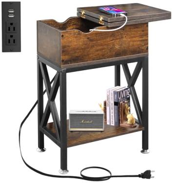 Imagem de TooCust Mesa Lateral Para Sala De Estar Com Estação Carregamento, 28 Cm Largura X 61 58 Altura, Portas E Tomadas Usb Laterais Tampa Flip, Gaveta Estreita 13 Profundidade, Estrutura Em Aço Reforçado,