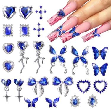 Imagem de editTime Kit Com 24 Peças De Strass Luxo Em Liga Metálica Prateada 3D Para Unhas, Punk Y2K, Estrela, Lua, Coração, Amor, Borboleta, Cruz, Coroa, Pingente Balão Romboide, Decoração Costas Planas (Azu