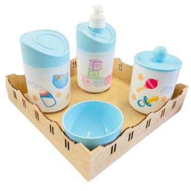 Imagem de Kit Higiene Baby Menina e Menino c/bandeja em MDF (Quadrada Crua/Azul)