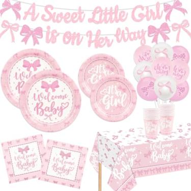 Imagem de mokeja party Decorações Para Chá De Bebê Com Laços Rosa, Menina, Uma Doce Menina Está A Caminho, Faixa Pratos E Guardanapos, Toalhas Mesa Descartáveis, Conjunto Talheres 25 Pessoas
