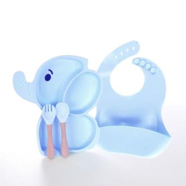 Imagem de Kit Refeição Pratinho C Divisória Talher Babador Ventosa Infantil Introdução Alimentar Desmame Termossensível Transição Treinamento (Azul)