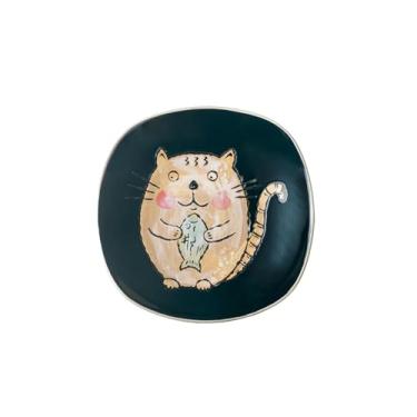 Imagem de Prato de sopa ocidental criativo de cerâmica japonesa retrô pintada à mão - prato quadrado de 20 cm, gato koi verde