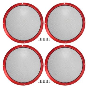 Imagem de ACROPIX Capa universal de grade de alto-falante de carro de 25,4 cm redonda de malha de 25,4 cm caixa protetora de subwoofer com parafusos de montagem vermelho ferro - pacote com 4