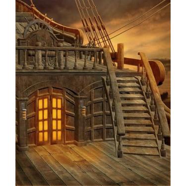 Imagem de CORFOTO 2,4 x 3 m Pano de fundo de convés de navio pirata vintage veleiro fotografia fundo náutico de madeira navio de guerra sessão de fotos cruzeiro meninos crianças festa de aniversário Halloween pirata decorações adereços de cabine de fotos