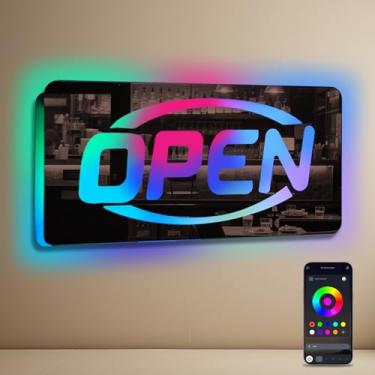 Imagem de Ineonlife Sinal neon aberto quadrado espelhado colorido luzes LED para decoração de negócios sinais de luz LED brilhante decoração de porta de janela bar loja café salão hotel loja 37 x 17 cm USB