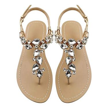 Imagem de AIJIVOU Sandálias rasteiras femininas de strass, chinelos femininos com clipe de bico anelado com strass de cristal e joias para verão, praia, praia, praia, férias ao ar livre, Off-white, 40