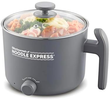 Imagem de Elite Gourmet Panela quente NOODLE EXPRESS™, prepare ramen, arroz, sopas, ensopados, água fervente, interior de aço inoxidável, tampa de vidro, configurações altas/baixas/desligadas, cinza