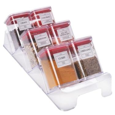 Imagem de Kit Porta Tempero e Condimentos Incolor com Base e 6 Recipientes 160ml de Acrílico c/Tampas de Fechamento Hermético (Vedação de Borracha Vermelha) Plasútil + Cartela com 24 Adesivos Personalizados