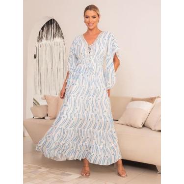 Imagem de Vestido Longo Boho Indiano Detalhe Lurex S69 - Deeyaa Indiana, G, Azul