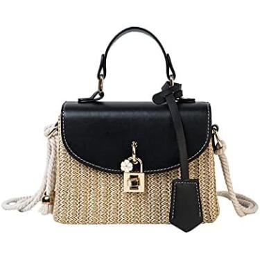 Imagem de Saco De Palha, Saco De Praia Moda Rattan Mulheres Bolsas De Ombro Bolsas De Grife Tecido Crossbody Bolsa Verão Praia Saco De Palha, Black a