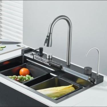 Imagem de TINICO Kit Cuba Gourmet Cozinha Pia Aço Inox 304 75x46cm, Pia De Cozinha, Com Torneira Extraível, Slot Único Grande, Integrado Digital Display Faucet Set, Acessórios Para Pias