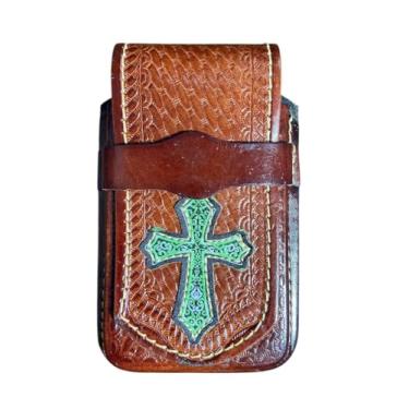 Imagem de Capa de celular, Bainha de couro legitimo estampas country (Cruz Verde)