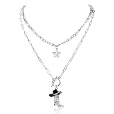 Imagem de 2 Peças Colar Pingente Bota Chapéu Cowgirl, Colar com Estrela de Strass Brilhante para Mulheres Corrente Grossa Empilhável Estilo Western para Roupas de Show Country (Prata)