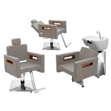Imagem de Kit Salão de Beleza 1 Cadeira Fixa + 1 Reclinável Quadrada + 1 Lavatório Base Inox Tunísia