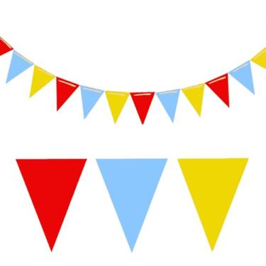 Imagem de Bandeiras de bandeira de flâmulas azuis vermelhas e amarelas - Bandeiras triangulares de papel com bandeira dupla face para decoração de festa
