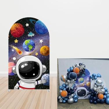 Imagem de uiuyfrr Capa de fundo de arco para meninos astronauta para festa de aniversário, arcos, suporte, capa elástica, viagem ao redor do sol, decoração de chá de bebê, adereço (2,6 x 6 pés, 3245)