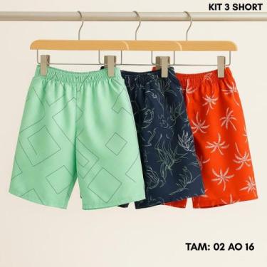Imagem de Kit c/3 shorts tactel infantil menino juvenil estampado e liso misto p