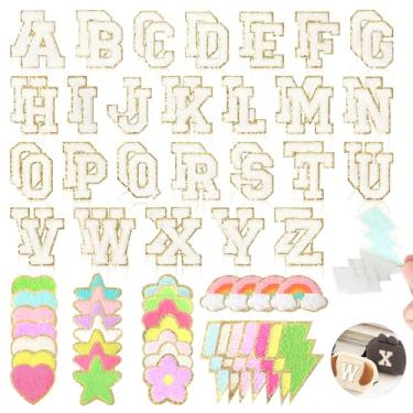 Imagem de Funcolor Remendos de letras de chenille para mochilas: 84 peças autoadesivo branco vasity letras do alfabeto patch para artesanato DIY - colorido coração estrela arco-íris adesivos em adesivos para