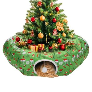 Imagem de Saia de árvore de Natal para gatos em túnel para gatos internos, decoração de Natal monstro verde para felinos festivos, animais pequenos