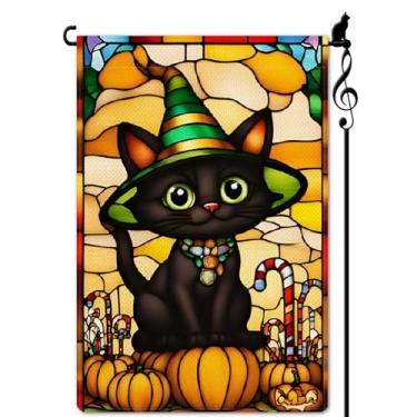 Imagem de Lorugekyu Bandeira de jardim de gato feiticeiro Halloween bonito gato preto estilo vitral pequena bandeira para fora de estopa abóbora dupla face bem-vindo quintal decoração de gramado 31,8 x 45,7 cm