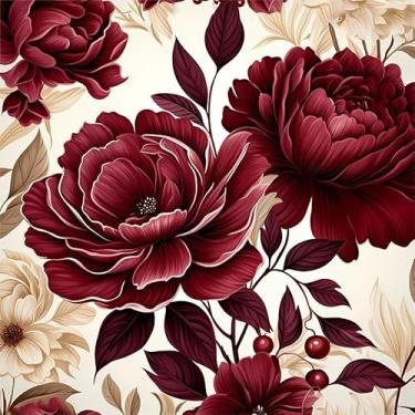 Imagem de Yzogbry Papel de parede vintage bege vermelho escuro peônia floral descascar e colar decoração de parede autoadesivo papel de parede adesivo em contato fácil de remover para apartamento locatário