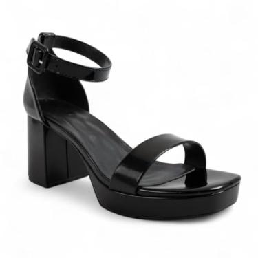 Imagem de ABSOLEX Sandália feminina de salto grosso plataforma com fivela no tornozelo, Patente preta, 35