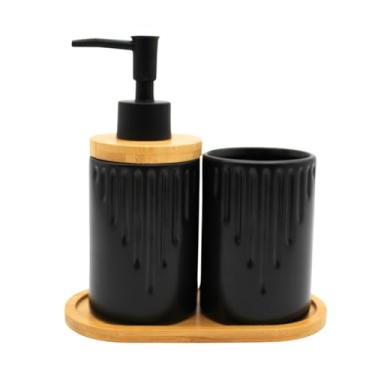Imagem de Dispenser sabonete líquido Kit Lavabo com bandeja de bambu, dispensador de sabonete e porta-escovas. Elegante e funcional (Preto)