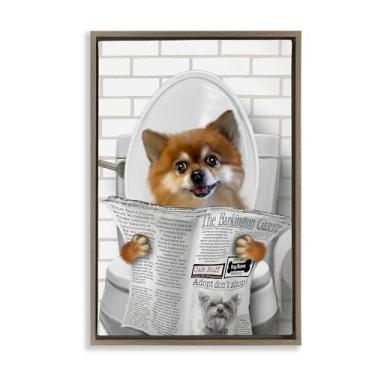 Imagem de Stupell Industries Desenho de arte de parede em tela flutuante marrom cachorro da Pomerânia no vaso sanitário por Matthew Piotrowicz, 25 x 17