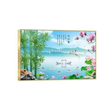 Imagem de BMZFYBS Impressão em tela de paisagem - Lago de bambu flores de lótus - arte de parede natural imagem chinoiserie - pôster de decoração de moldura dourada 50 x 75 cm 20 x 30 pol