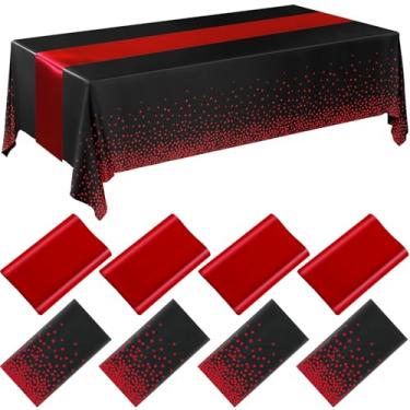 Imagem de Breling Pacote com 8 toalhas de mesa descartáveis pretas e vermelhas de plástico e conjunto de caminho de mesa de cetim, 137 x 272 cm, caminhos de mesa de 30 x 272 cm para casamento, formatura